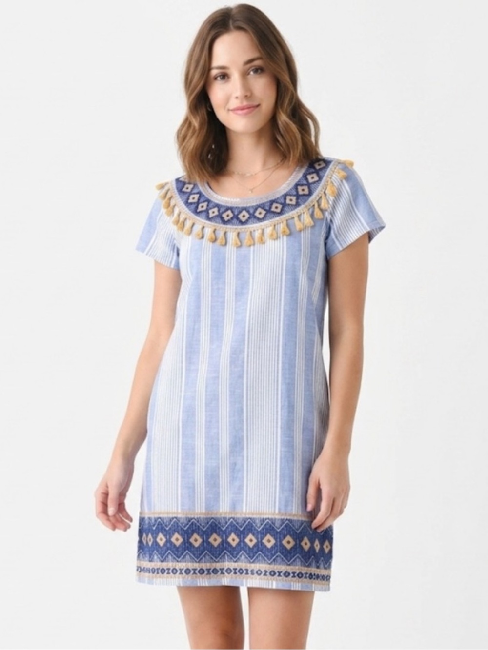 THML Striped Embroidered Shift Dress with Tassels - Size M - NWOT